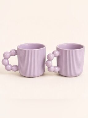 Cure Purple Bubble Handle Ceramic Mug Set of 2 Lavender Ribbed Coffee Tea Cups